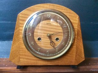 Antique Vintage Art Deco Mantel Clock,  Smiths 8 Day Movement,  Modernist Wood Case