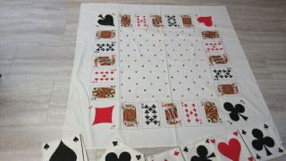 Rare Vintage Playing Cards Tablecloth W Napkins 48 " X 51” Euc