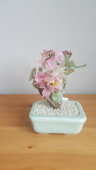 Vintage Chinese Carved Gemstone Rise Quartz Flowers Jade Bonsai Plant Tree.