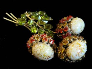 Rare Signed Schreiner Rhinestone Cabochon Flower Pin Brooch Stunning
