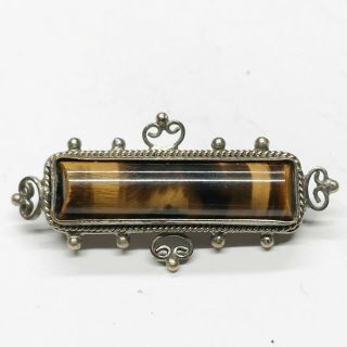 Antique Solid Sterling Silver Tigers Eye Agate Bar Ladies Pin Brooch