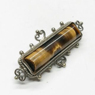 ANTIQUE SOLID STERLING SILVER TIGERS EYE AGATE BAR LADIES PIN BROOCH 2
