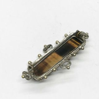 ANTIQUE SOLID STERLING SILVER TIGERS EYE AGATE BAR LADIES PIN BROOCH 3