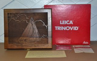 Rare Leica Trinovid Laser Carved Walnut Wood Presentation Box
