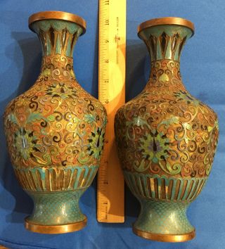 Vintage Chinese Cloisonné Bronze Vases - 9 Inches Tall - Flower Pattern