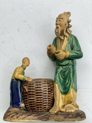 Vintage Chinese Mud Man Figurine Mudman Wise Man And Child