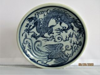 Vintage Chinese Hand Painted Porcelain Blue Dragon Dish
