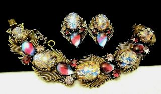 Rare Vintage Signed Florenza Dragons Breath Rhinestone Bracelet & Earring Set A9