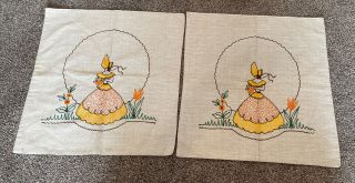Vintage Retro Hand Embroidered Crinoline Lady Cushion Covers 19” X 20”