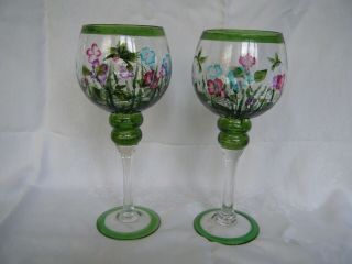 Pair Large Wine Glass Candle Holders Hand Painted Birds And Flowers