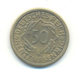 Rare.  Germany.  50.  Rentenpfennig.  1924.  F.  Very Collectable.  A.  62