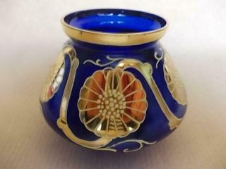 1537 / Lovely Art Nouveau Blue Glass Vase With Gilded Art Nouveau Floral Design
