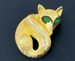 Rare Vintage Christian Dior Fox Emerald Green Rhinestone Eyes Gold Tone Brooch