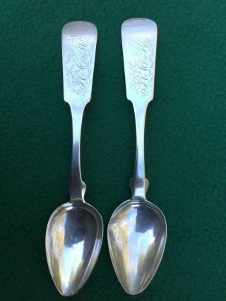 2 Antique Coin Silver Spoons Ca.  1830 W.  P.  And H.  Stanton Folk Art Engraving