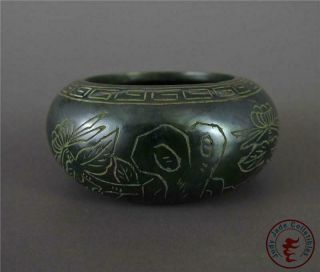 Antique Old Chinese Spinach Green Nephrite Jade Brush Washer Lotus & Verses