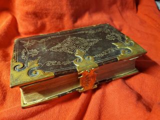 Rare Antique 1852 Bible Leather Bound Etched Brass Borders,  Clasp