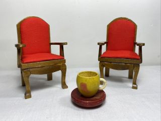 Vintage Wooden Doll House Furniture - Red Velvet Wood Chairs (2) & Tea Cup