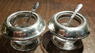 Pair Vintage Frank M.  Whiting Sterling Silver And Glass Salt Cellars W Spoons
