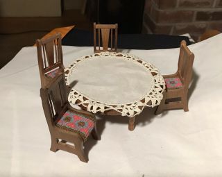 Vintage Wooden Doll Furniture Set - Table & Chairs Dollhouse Wood Toy