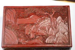 Antique Cinnabar Lacquer Lacquerware Trinket Or Jewelry Box W/ Elder & Students.
