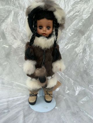 Memeluck Eskimo Doll Kukita Juneau Alaska Real Fur Vinyl Head,  Tags 15 " Euc