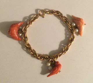 Rare Vintage 12k Gold Filled Orange Coral Birds & Pearls Charm Bracelet,  L - 7.  25”