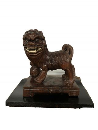 Vtg Chinese Hand Carved Wood Foo Dog