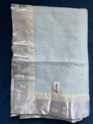 Vintage Quiltex Acrylic Baby Blanket Blue White Puppy Duck Design Satin Trim