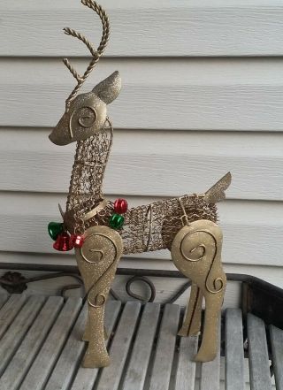 Antique Gold Color Metal Wire Reindeer W Bells 18 " Tall Christmas Holiday Decor