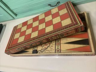 Antique Backgammon Game,  Faux Book Motif “life Of Hoyle” Spiderweb Design
