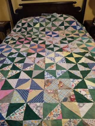 Vintage Quilt Top - 70 X 76 Shades Of Green Triangles