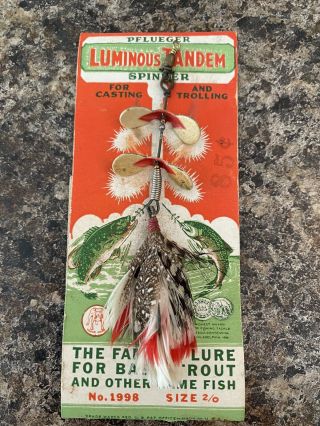 Vintage Fishing Lure Pflueger Tandem Spinner Luminous On Display Card