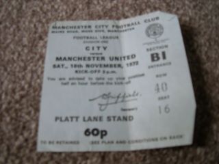 Rare Vintage Match Ticket Manchester City V Manchester United 18th November 1972