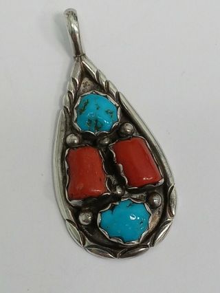 Vintage Or Antique Sterling Silver Turquoise Coral Pendant Navajo Teardrop Style