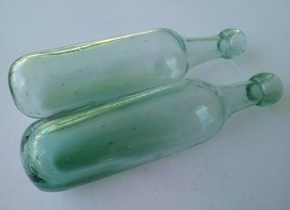 Antique Aqua Glass Blob Top Round Bottom Soda Bottles - Pair -