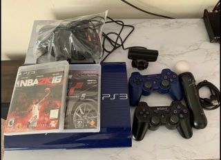 Sony Playstation 3 Slim Console Blue Ps3 System - Rare With Motion Move