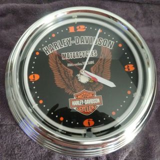 Harley - Davidson 15” Neon Wall Clock Eagle Orange Light Rare Spr89