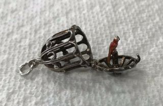 Rare Vintage English Sterling Silver Opening Birdcage With Enamel Parrot Charm