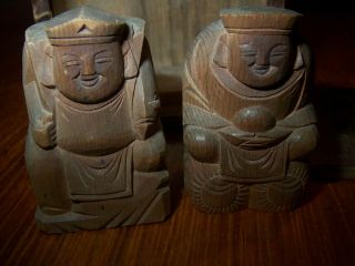 Set Of 2,  2 1/4 " Tall Antique Asian Hand Carved Wood Gods In Wooden Box