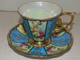 Vintage Antique Royal Sealy China Tea Cup And Saucer Japan Blue Gold Floral