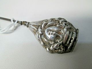 Antique Sterling Silver Art Nouveau Lady Head Hat Pin 49