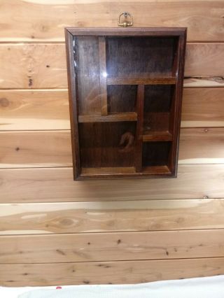 Vintage Wood Shadow Box Hanging 12” Curio Wall Display Case Sliding Glass Usa