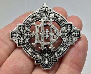 Rare Large Antique Victorian Scottish Enamel D.  H Celtic Cross Silver Brooch Pin
