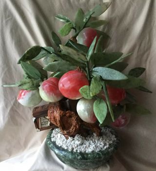 Vintage Lucky Chinese Jade Fruit 14” Tree Bonsai Hard Stone Marble Planter Pot