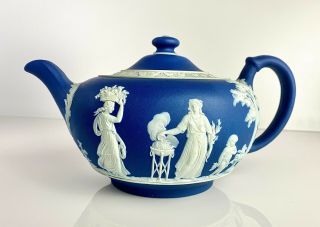 Antique Vintage Wedgwood Jasperware Dark Cobalt Blue Teapot Made In England