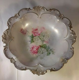 Antique R S Prussia Bowl 10.  5 " Roses & Hortensias Pearlish Molded Rim Red Mark