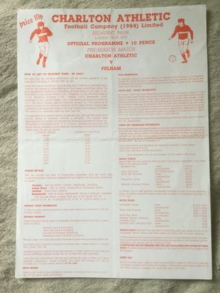 Charlton Athletic V Fulham 1986 - 1987 Friendly Single Sheet Rare Selhurst Park