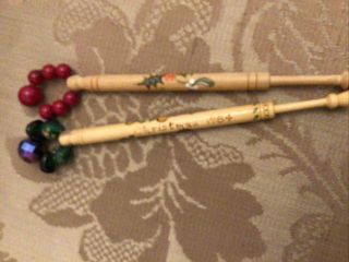 2 Lovely Christmas Vintage Hand Painted Lace Bobbins Spangled 1983 & 1984 Rare