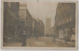 Derby Derbyshire Rare Real Photo Postcard Of Irongate Street With Shops C.  1904
