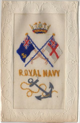 Ww1 Rare Embroidered Silk Postcard Uk Royal Navy Flags Crown & Anchor By R.  Tuck